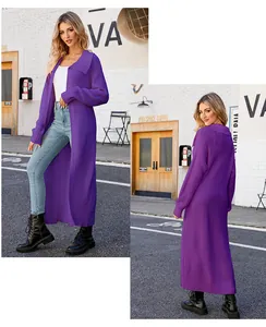 Detailed professional views of the long purple lapel knit cardigan in front and back
