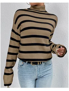 Detailed view of high-neck striped knit sweater in khaki and black colors