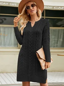 Elegant black cable knit mid-length sweater dress with side slit for stylish women