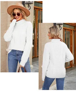 Front and back detail of a white women's high neck cable knit sweater in autumn style