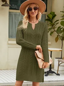Elegant olive green cable knit sweater dress for women, loose fit mid-length autumn style