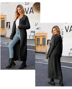 Full length view of a cozy black lapel long knit cardigan for autumn winter season.