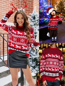 Christmas Reindeer Snowflake Knit Sweater For Family Matching Xmas Round Neck Pullover Warm Winter Casual Holiday Clothes