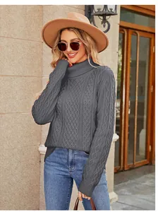 Elegant women's dark grey turtleneck cable-knit sweater for autumn and winter wear