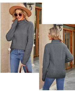 Detail view of grey cable-knit turtleneck sweater showing front and back texture