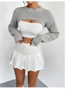 Grey distressed knit bolero shrug with ultra-cropped design and long sleeves for women