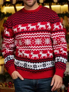 Festive red Christmas knit sweater with reindeer and snowflake patterns for men top
