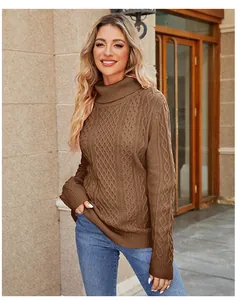 Elegant brown turtleneck cable-knit sweater for women shown in a casual lifestyle setting