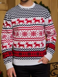 Festive crewneck knit sweater featuring red reindeer and snowflake patterns for Christmas