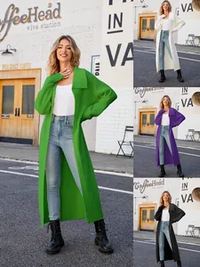 Women's long knit cardigan with lapel collar in green, white, purple, and black