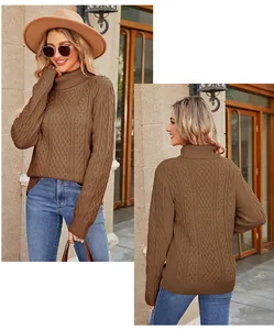Detailed front and back views of women's brown cable knit turtleneck sweater for winter.