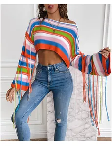 Detail of rainbow striped cropped sweater featuring vibrant long fringe on wide sleeves