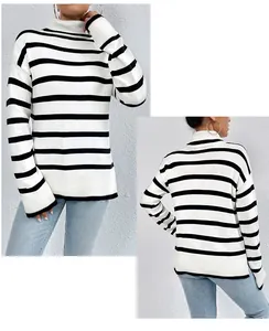 Front and back view of a classic black and white striped turtleneck sweater for women.