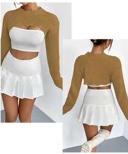 Detailed front and back views of a brown cropped knitted shrug sweater for women