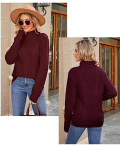 Front and back detail of a burgundy cable knit turtleneck sweater worn by a model