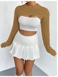 Detailed view of women's khaki distressed ultra-short knit shrug with ribbed texture