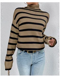 Close-up detail of khaki and black striped turtleneck knit sweater with a slim fit.