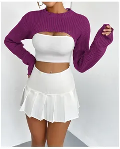 Detailed view of women's purple knitted super cropped long sleeve shrug bolero sweater