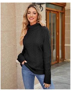 Classic black turtleneck cable-knit sweater with intricate textured patterns for autumn