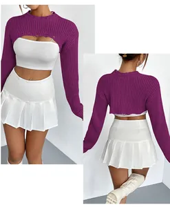 Detailed front and back views of a purple cropped knit bolero shrug for women's fashion