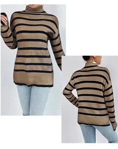 Detailed front and back view of a women's brown and black striped knit sweater