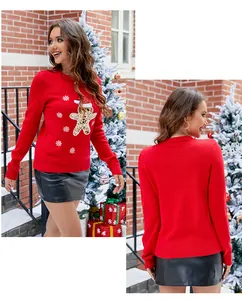 Vue détaillée montrant l'avant et l'arrière du pull de Noël rouge avec bonhomme de pain