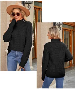 Detail view of women's black cable-knit turtleneck sweater showing texture front and back
