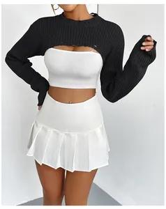 Detailed view of a stylish black knit cropped shrug sweater for trendy women's outfit