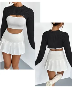 Close-up of black ultra-short knit shrug with distressed details, front and back view.