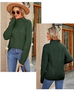 Front and back detail of a stylish dark green cable knit turtleneck sweater for women