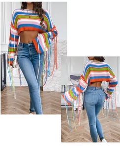 Front and back views of a vibrant rainbow striped cropped sweater with long fringes.