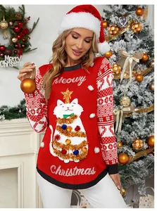 Pull de Noël rouge festif avec broderie de chat à paillettes et détails de pompons 3D