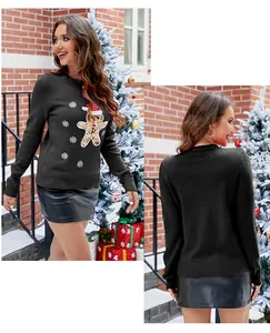 Vue détaillée de l'avant et de l'arrière du pull de Noël noir avec bonhomme de pain d'épice