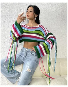 Asian model wearing a rainbow striped cropped knit sweater with long sleeve tassels