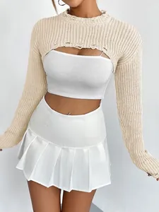 Trendy beige ribbed knit shrug sweater, super short cropped bolero for women's layering