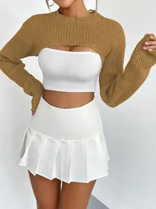 Stylish women's super short brown knitted shrug sweater with chic distressed details