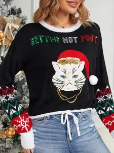 Festive black Christmas sweater with grumpy sequin cat embroidery for women's holiday wear.