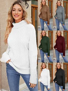 Women High Neck Cable Knit Sweater Fall Winter Solid Color Turtleneck Long Sleeve Pullover Knitwear Elegant Basic Jumper Top