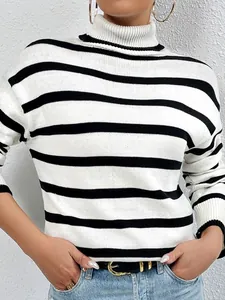 Slim fit black and white striped turtleneck sweater for women in autumn and winter