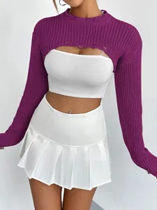 Sexy distressed purple knit shrug bolero sweater for women with ribbed texture detail