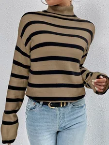 Elegant slim-fit women's turtleneck knit sweater featuring classic brown and black stripes