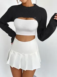 Chic black knit ultra-short cropped bolero shrug sweater for women over white outfit
