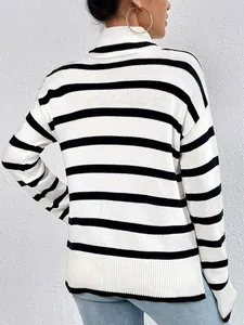 Women's black and white striped high neck knit sweater in a slim fit casual winter style