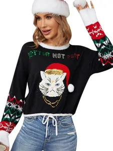 Women's black Christmas sweater with a sequined grumpy cat and festive patterns