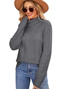 Stylish women's grey cable-knit turtleneck sweater for cozy autumn and winter outfits