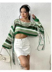 Stylish women's cropped knit sweater featuring green rainbow stripes and long fringe tassels