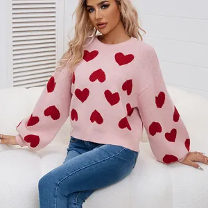 Sweet pink puff sleeve sweater with red heart jacquard for Valentine's Day style