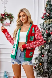 Overall design detail of red Christmas cardigan with XMAS letter jacquard and V-neck