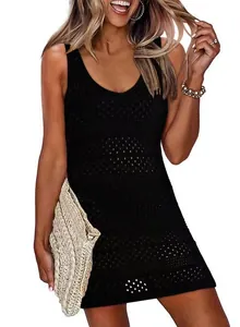 Robe de plage au crochet noire sans manches pour femme, tenue d'été ajourée chic