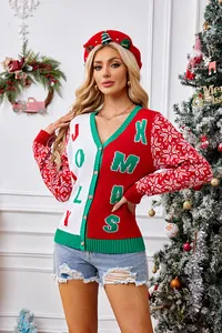 Festive Christmas V-neck cardigan with JOLLY XMAS letter jacquard and snowflakes
